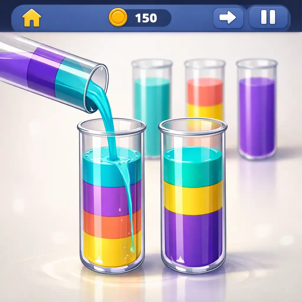 A Water Sort Puzzle board showing glass tubes with coloured liquids, one tube pouring cyan liquid into another.