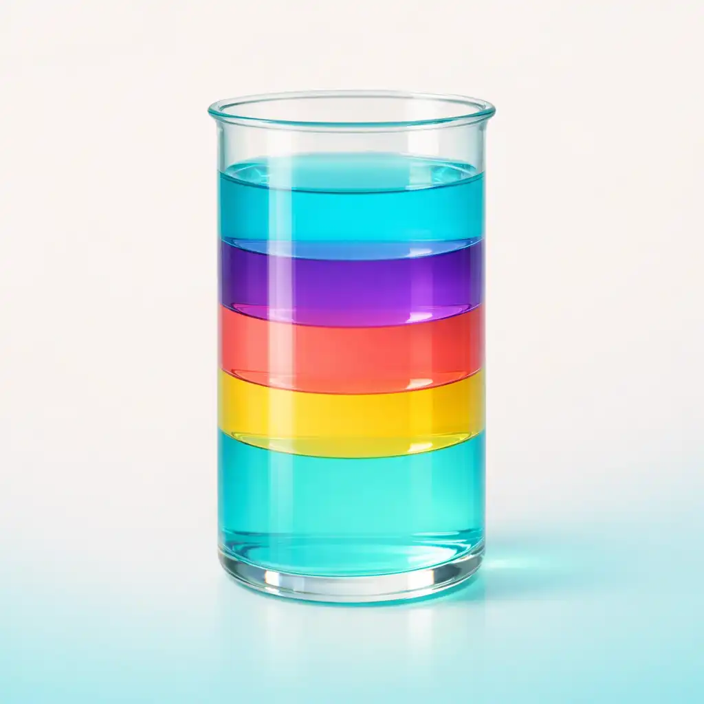 Translucent glass vessel filled with layers of cyan, violet, coral, yellow, and turquoise liquid, representing the colour sorting mechanic in Water Sort Puzzle.