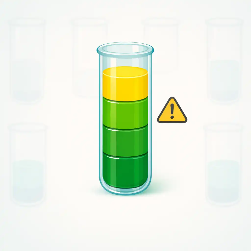 A glass tube with three green segments and one yellow segment, with a warning triangle beside it, showing premature colour completion