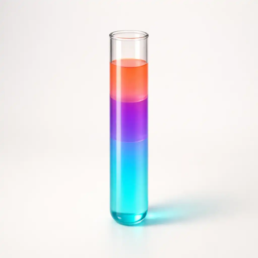 A translucent glass test tube filled with cyan, violet, and coral liquid layers on a clean off-white background.