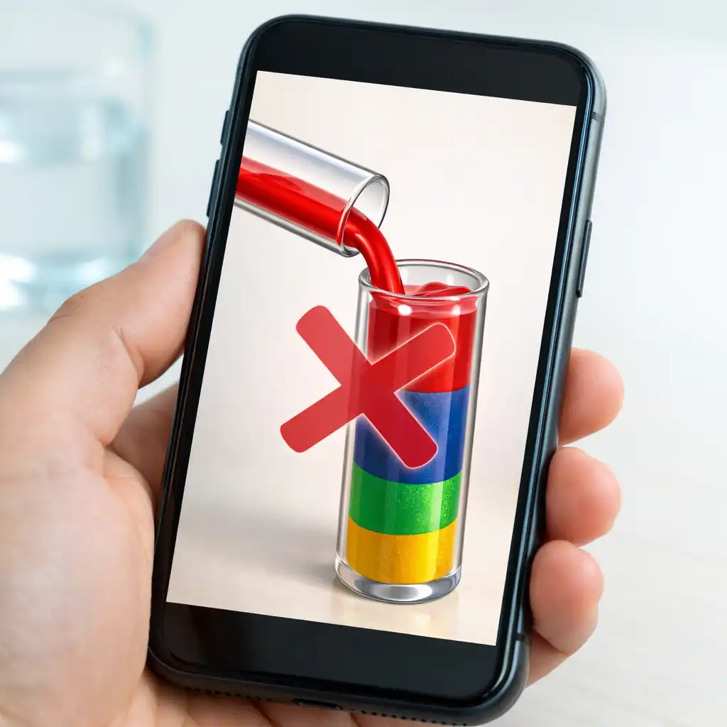 A hand tilting a phone during a Water Sort Puzzle game, pouring red liquid into a nearly full tube with a red X overlay indicating a mistake