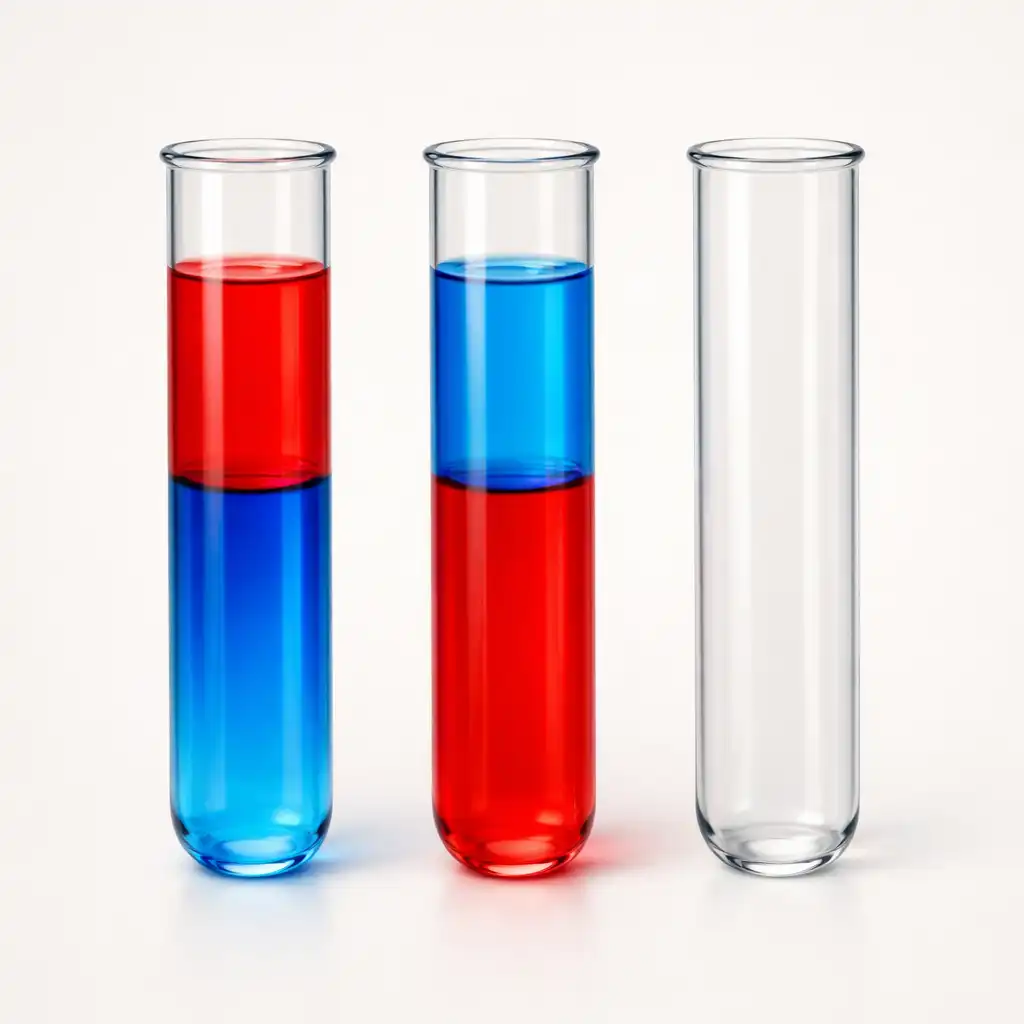 Three glass test tubes: red over blue, blue over red, and one empty tube.