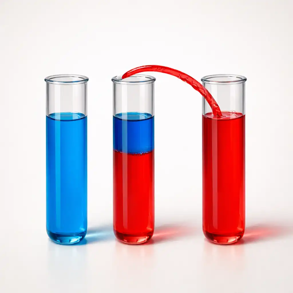 A stream of red liquid pouring from the left tube into the previously empty right tube.
