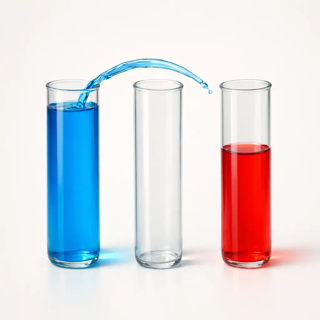 A stream of blue liquid pouring from the middle tube onto the matching blue in the left tube.
