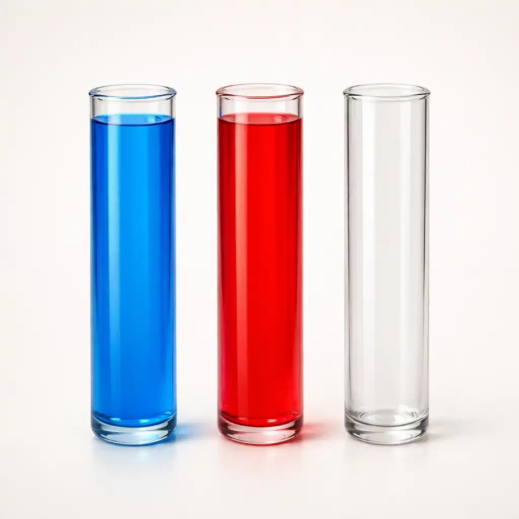 Three glass test tubes with blue, red, and an empty tube, showing the completed sort.