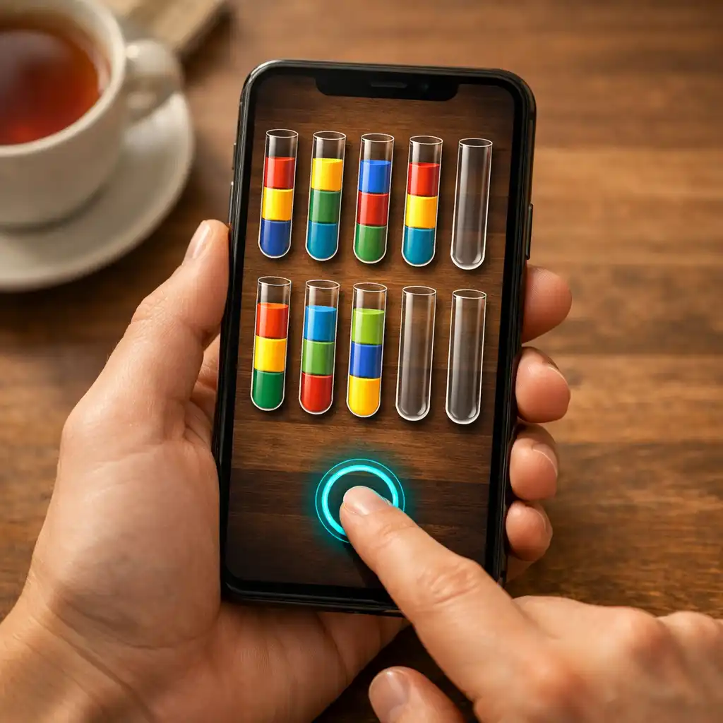 A hand tapping an undo button on a phone screen during a Water Sort Puzzle game, with a cyan glow highlighting the button