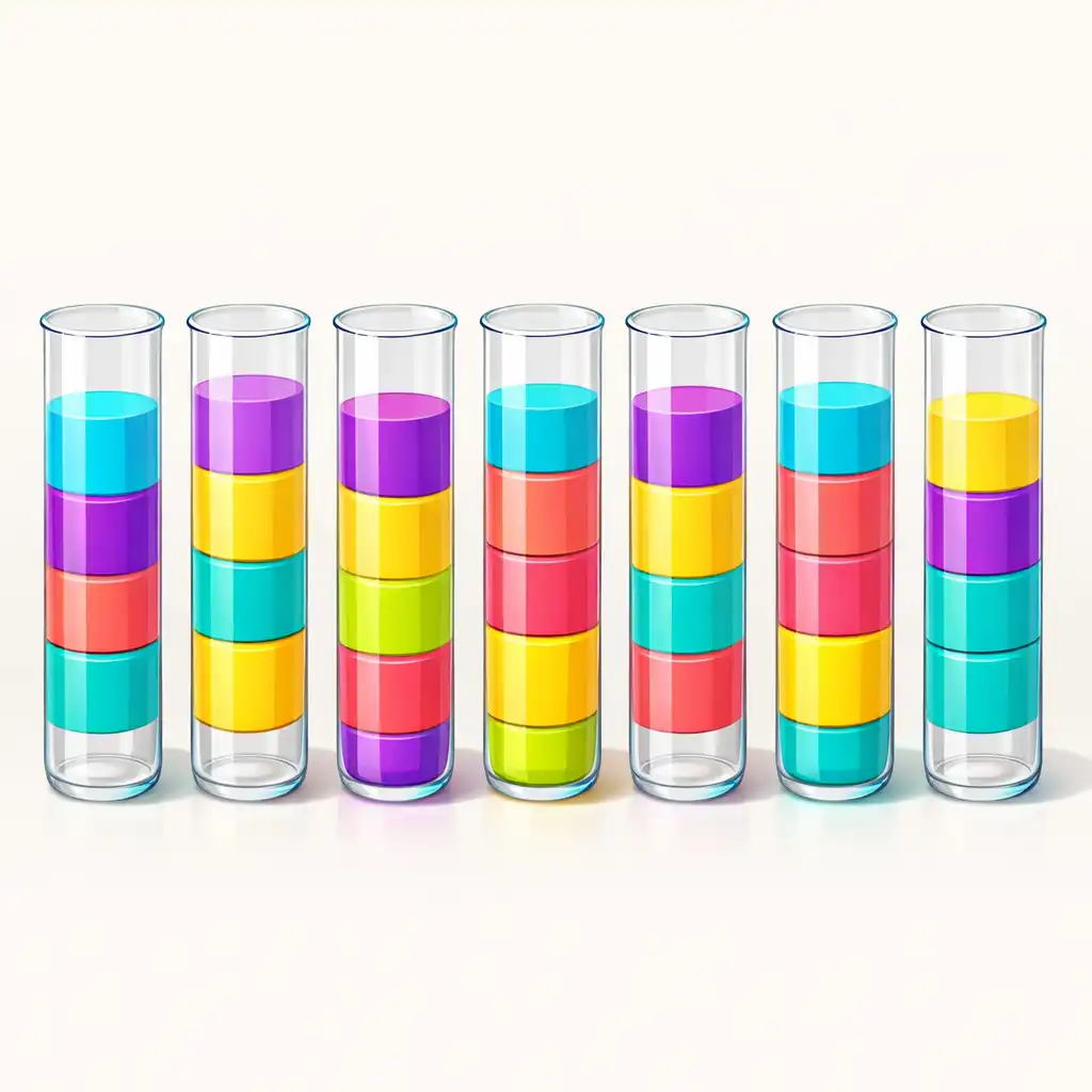 A clean, vibrant screenshot-style illustration of a mobile colour-sorting puzzle game board with transparent tubes filled with cyan, violet, coral, yellow, and turquoise liquid segments.