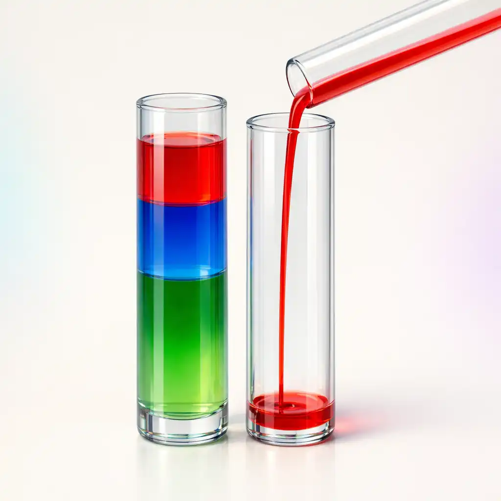 Transparent glass tube with layered red, blue and green liquid being poured into an empty tube